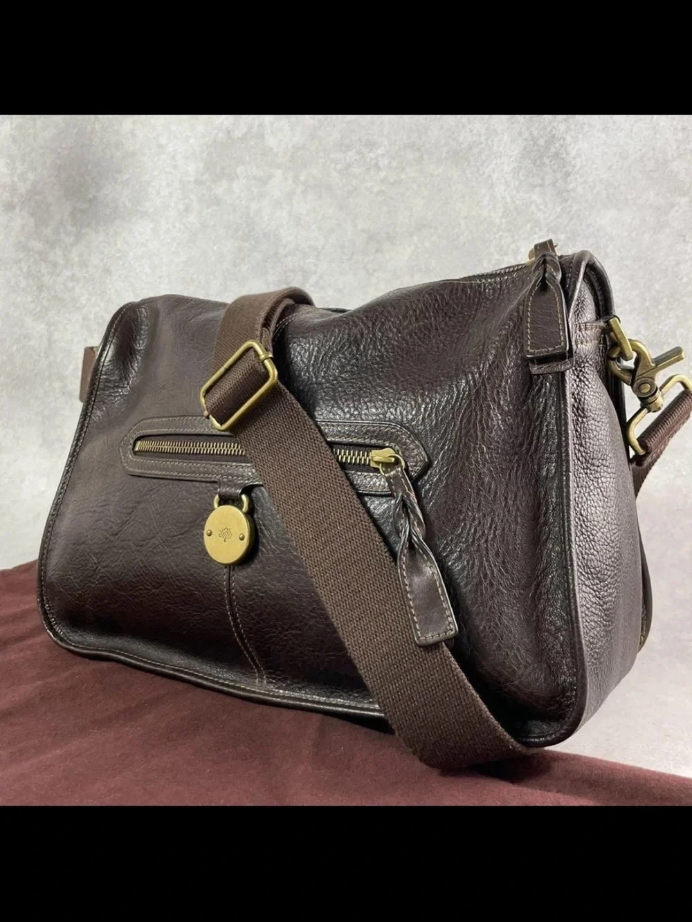 Mulberry Dark Brown Leather Messenger Bag with Brass Hardware